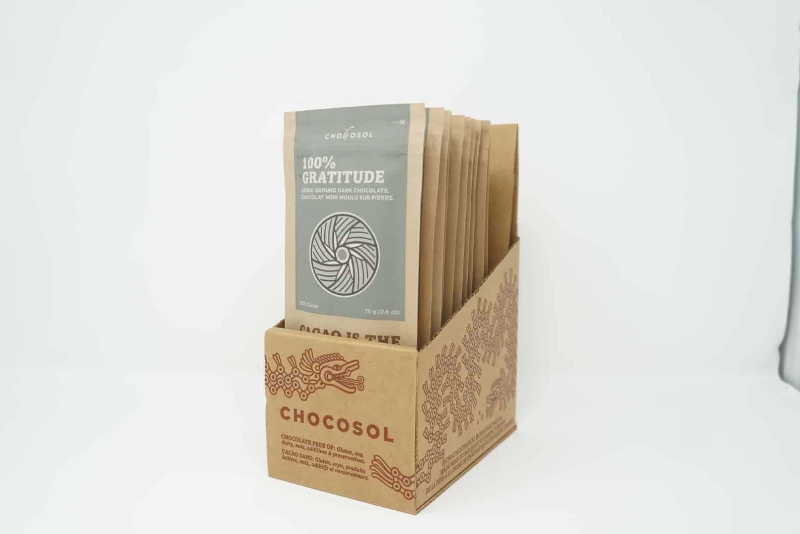 10 bars (previously 9) of 100% dark chocolate (75g/bar) 100% Gratitude - Case