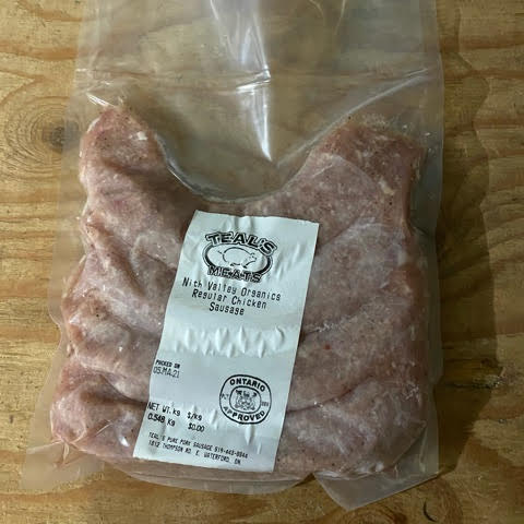 Nith valley regular sausage. Jpg raised on pasture, fed certified organic feed. Ingredients: chicken, salt, pepper.