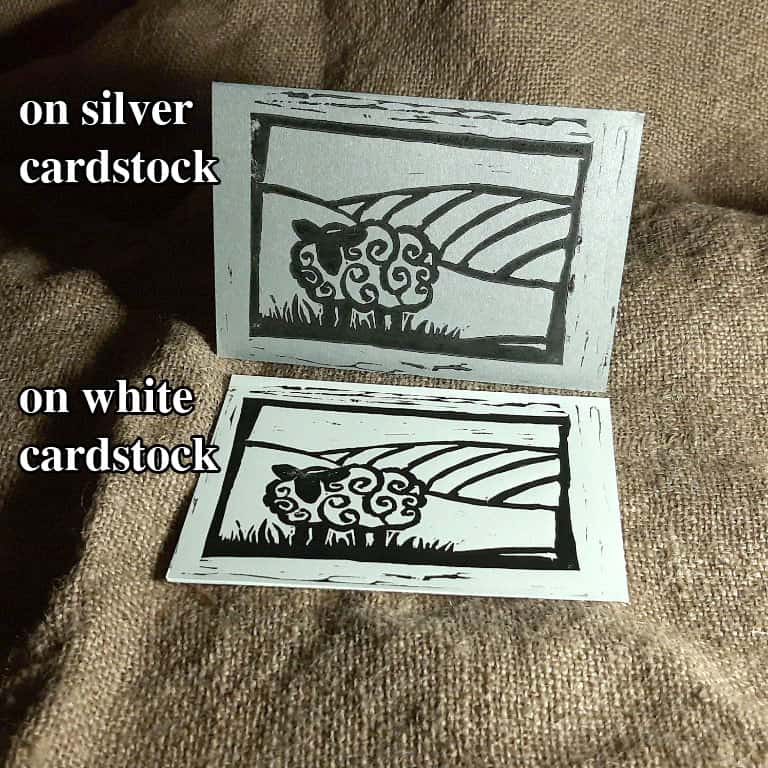 Hand printed card - sheep on silver grey