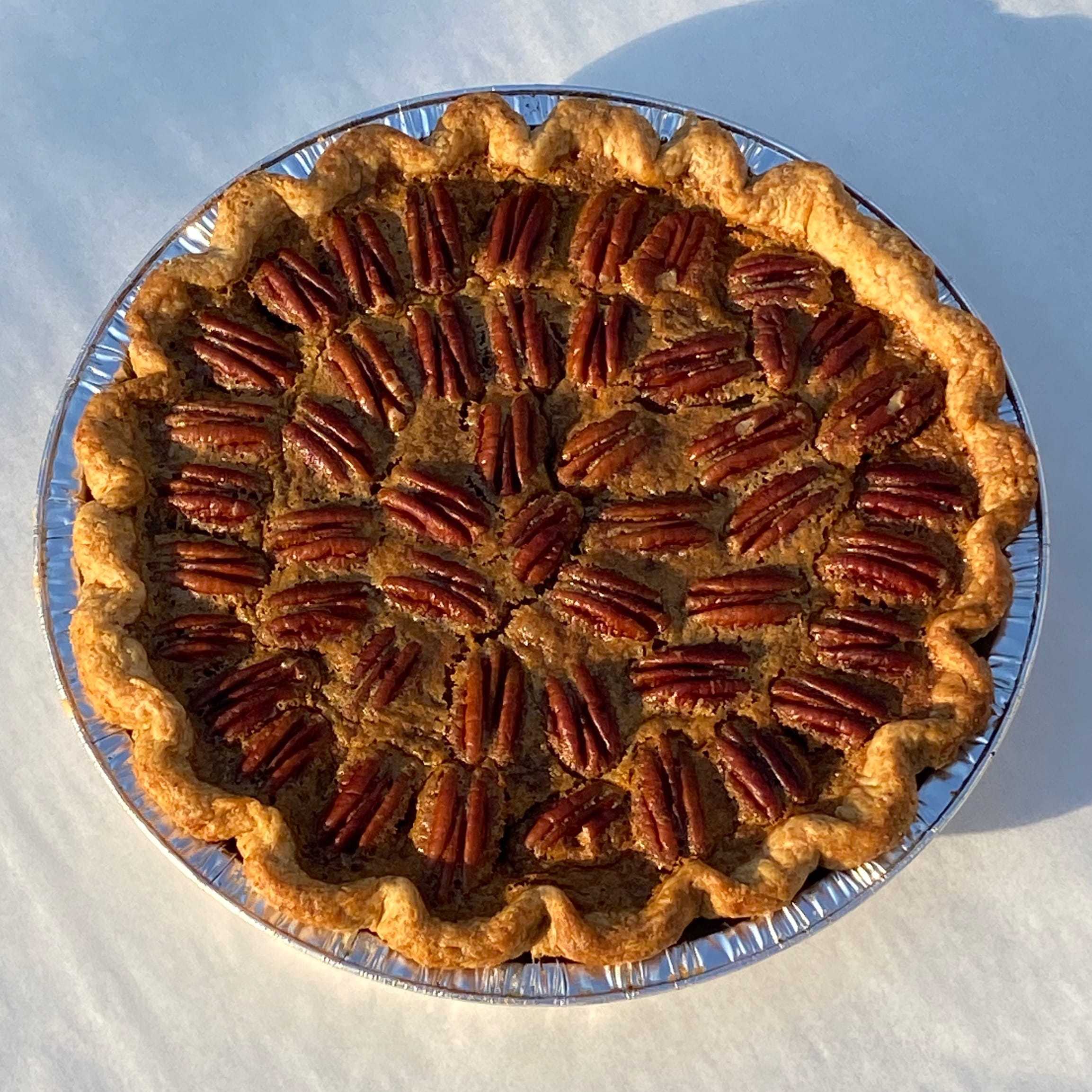 Maple Pecan pie made with with flakey butter crust, made with 45% whole emmer. Maple Pecan Pie