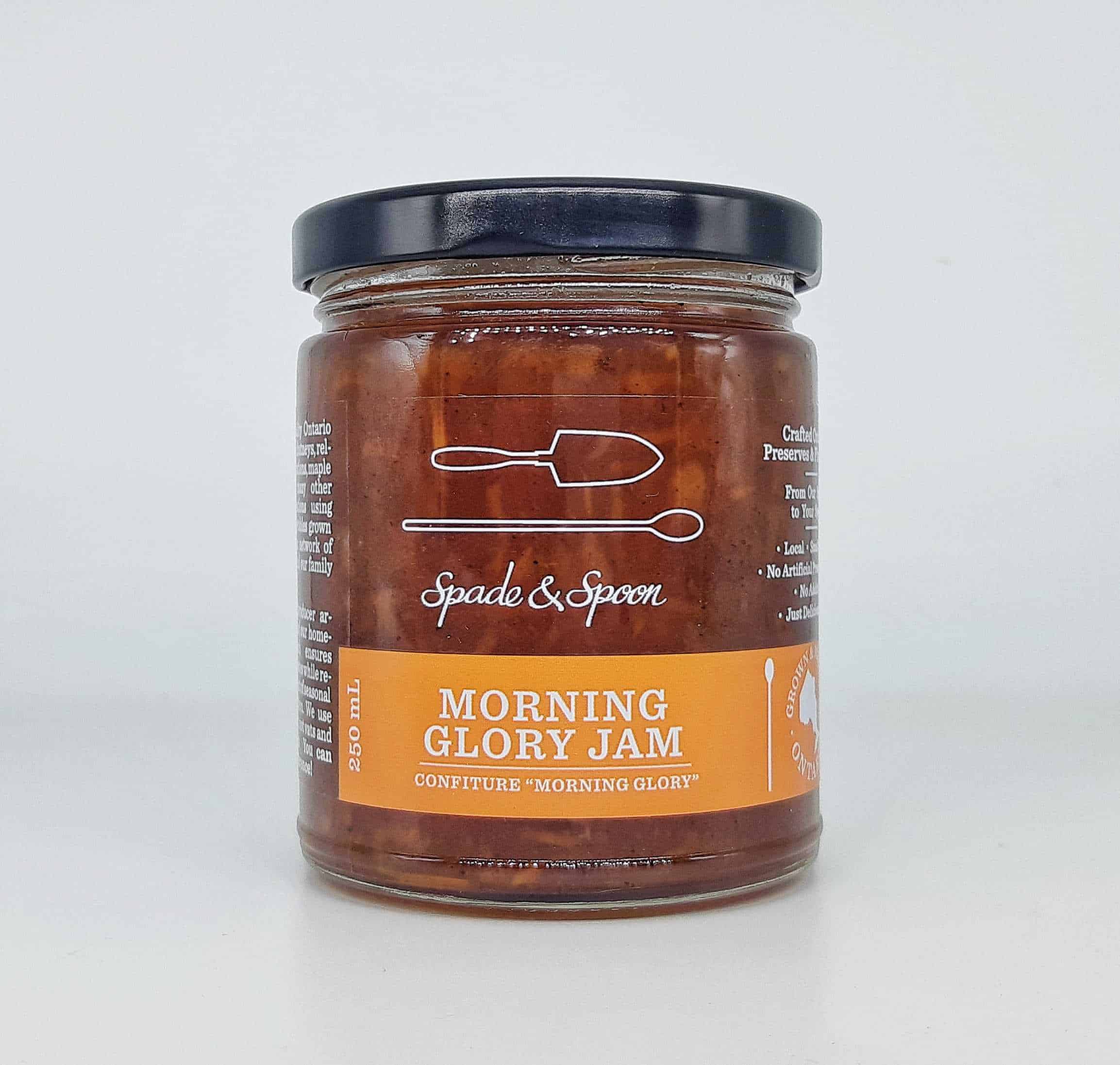 NAMED AFTER THE FAMOUS BREAKFAST MUFFIN, THIS JAM TURNS ANY SLICE OF TOAST INTO A GOURMET GLORY! ALSO WONDERFUL IN A PLAIN YOGURT WITH GRANOLA. INGREDIENTS: ONTARIO CARROTS, ONTARIO PEARS, PINEAPPLE, ORGANIC CANE SUGAR, FRUIT PECTIN, LEMON JUICE, CINNAMON, NUTMEG, CLOVES. Morning Glory Jam