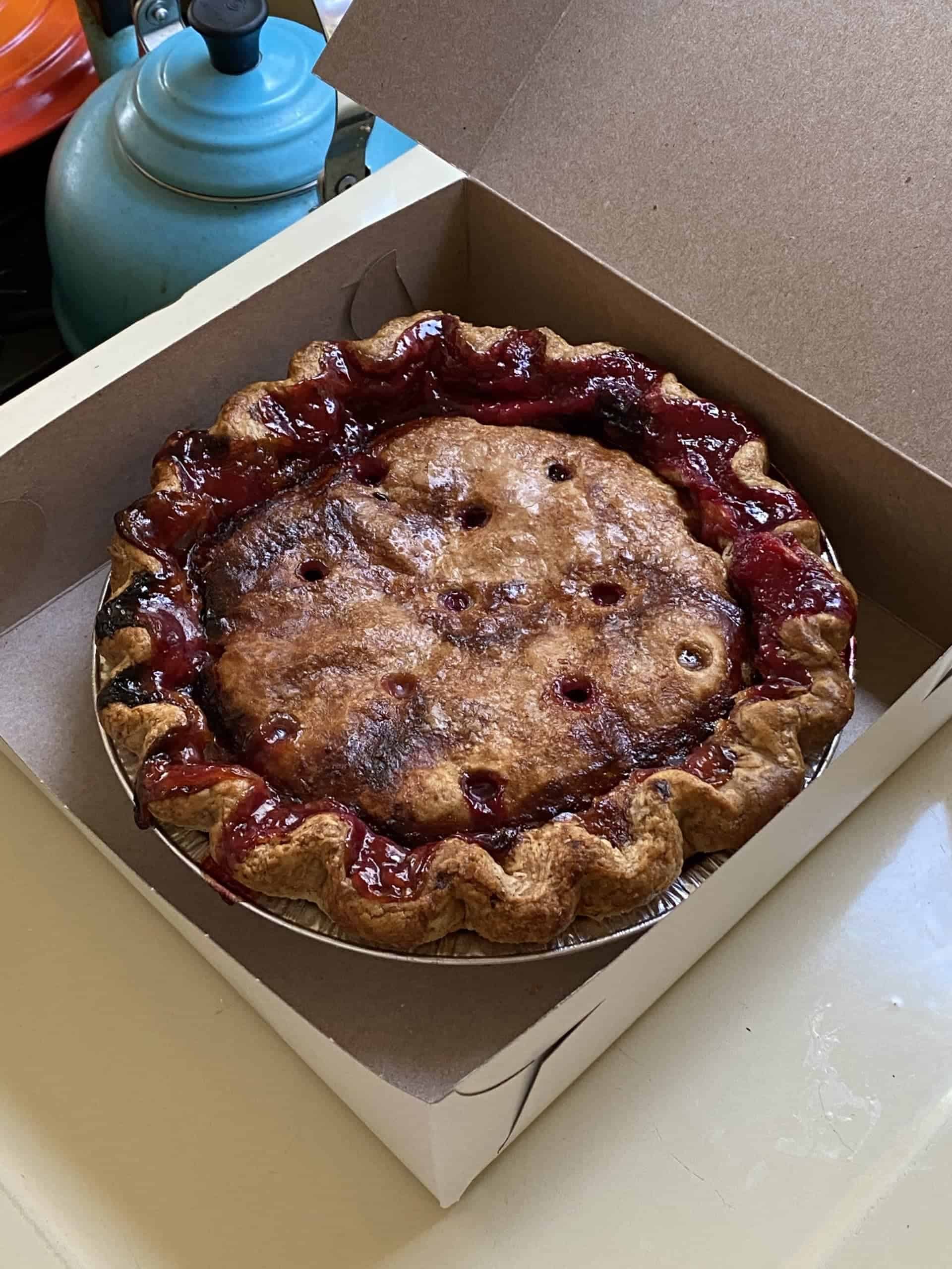 Ontario fruit with a flakey butter crust, made with 45% whole emmer Peach and Plum Pie