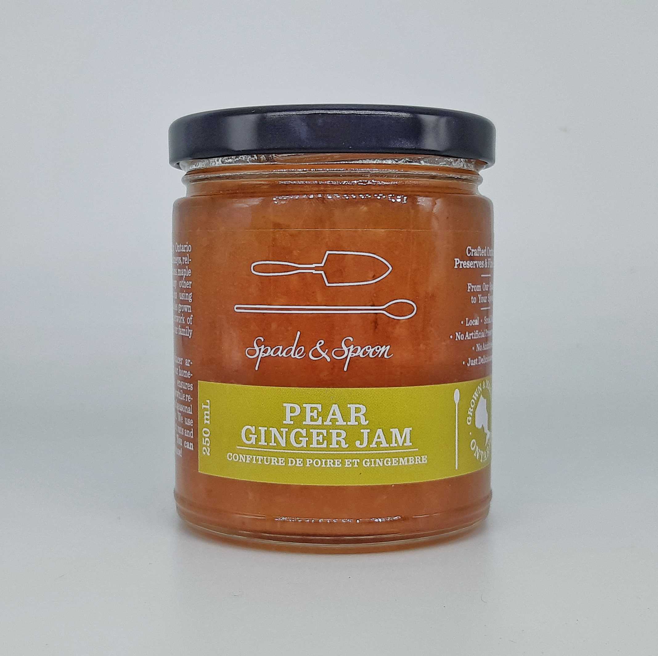 ONE OF OUR CLASSICS AND LONGEST RUNNING JAMS, JUST A TOUCH OF FRESH GINGER GIVES A LITTLE ZING TO THIS PEAR JAM. TRY IT ON YOUR TOAST, YOGURT, A FINISHING GLAZE ON MEATS, OR A TOPPER FOR YOUR BRIE AND CRACKERS. INGREDIENTS: ONTARIO PEARS, ORGANIC CANE SUGAR, FRESH GINGER, FRUIT PECTIN, LEMON JUICE Pear Ginger Jam