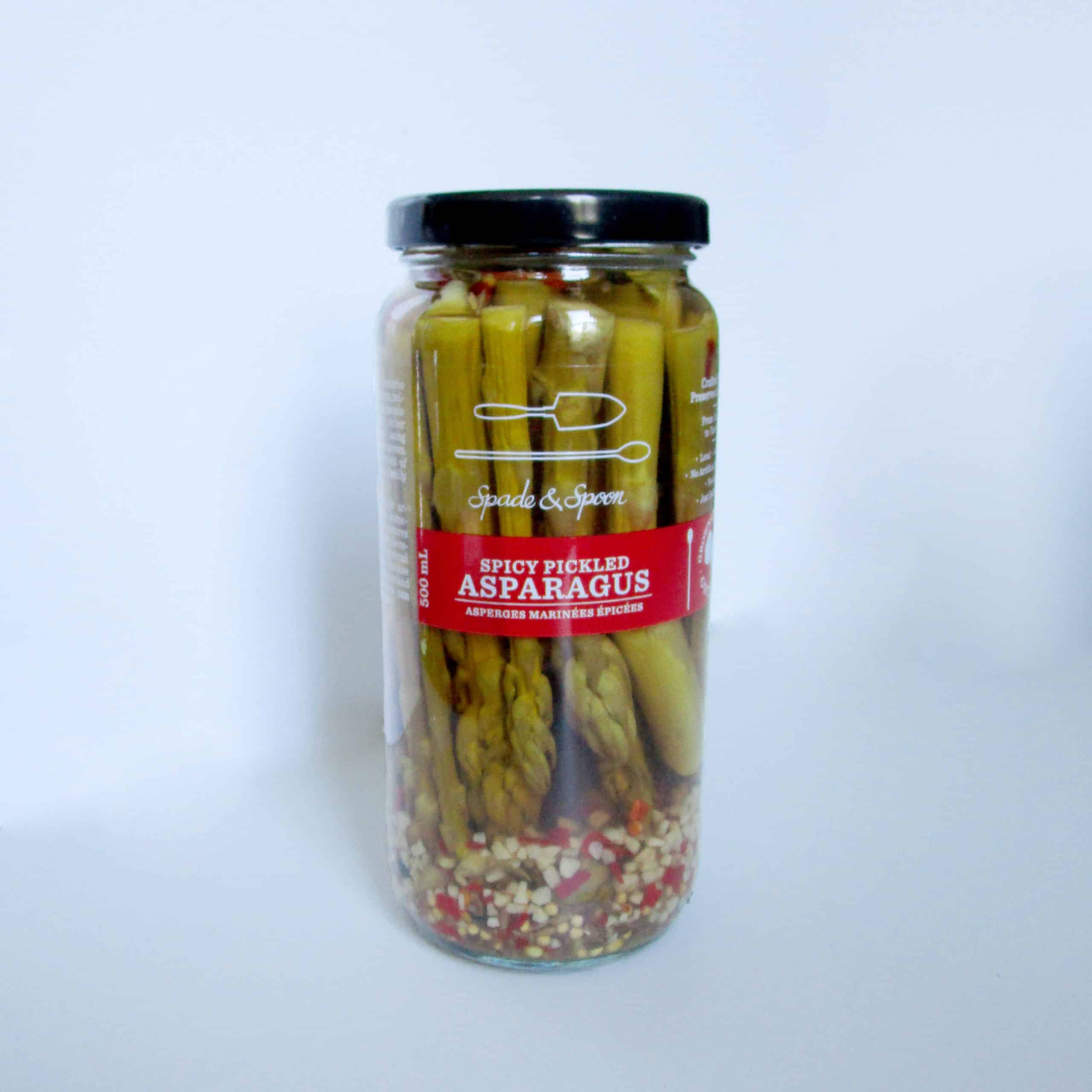 Seasonal Ontario asparagus with garlic and fresh dill to be enjoyed all year round. Great on burgers, in salads, with charcuterie boards, and glorious caesars Spicy Pickled Asparagus