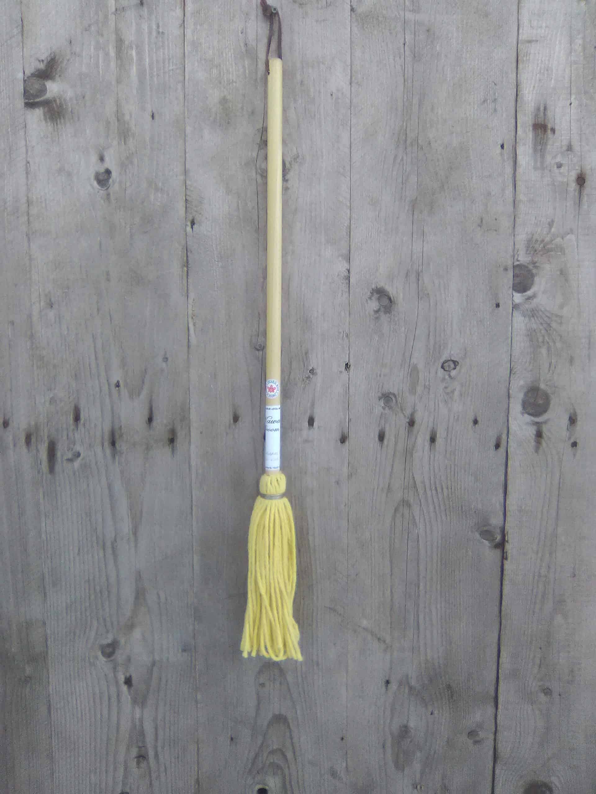 Children can now help around the house with their very own Ontario-made kids mop! What better way to keep things clean and ready for the holidays? This mop is made of lacquered wood handle, yellow poly blend yarn and brown leather strap. Hand washable and strong. Yellow Kids Mop