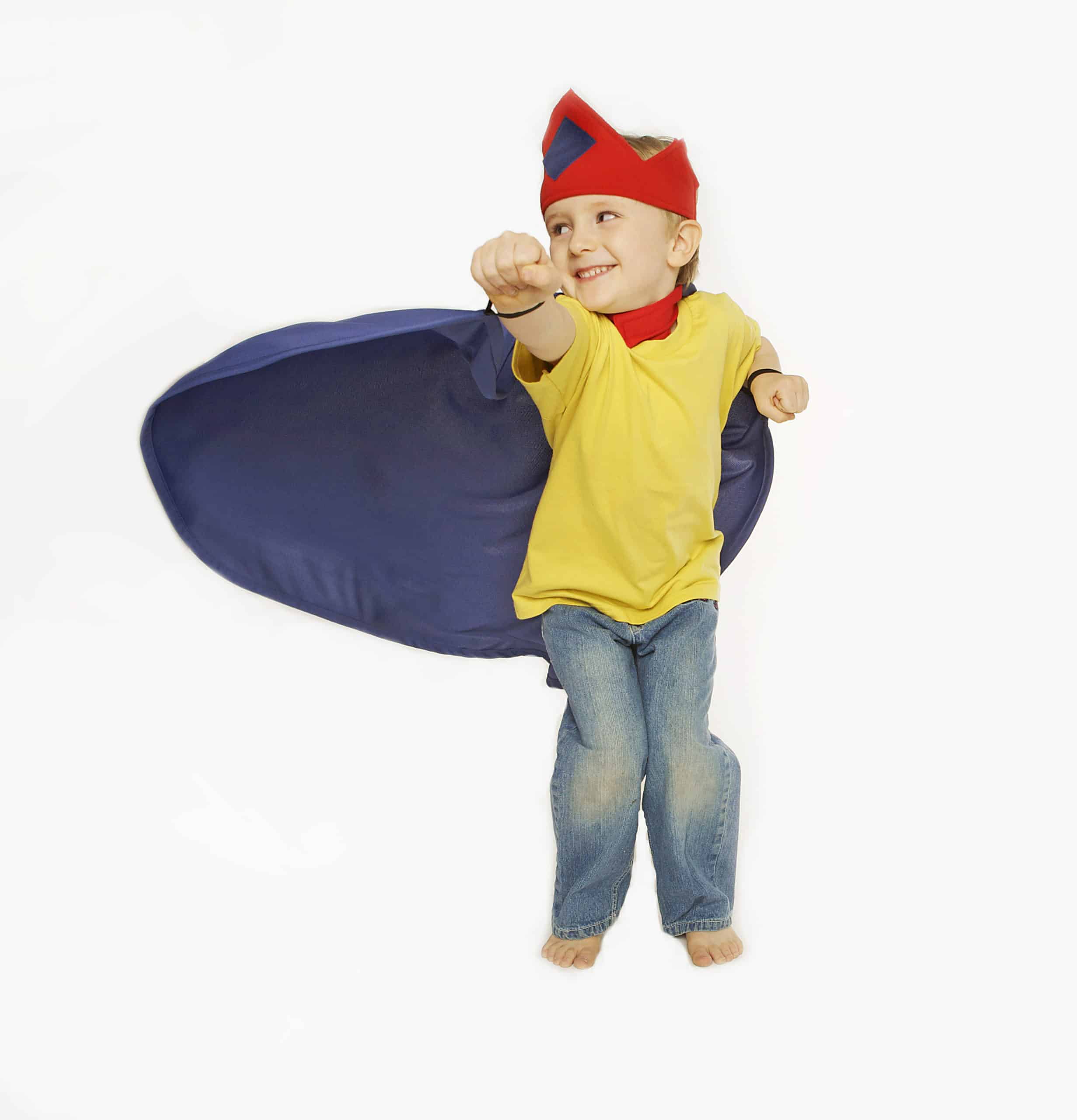 Classic Supercapes are made from light, breathable polyester, such as is used in sports jerseys. Scotchguarded for easy washing and can be dried in the dryer. Superloops at the wrists allow for improved 'flying fun' and breakaway velcro collar for safety. Size 2-3 fits up to small three year olds...but can certainly be worn as they get taller. Supercapes come in a reusable zipper pouch with a handle for storing your treasures. Blue Classic Supercape Size 2-3