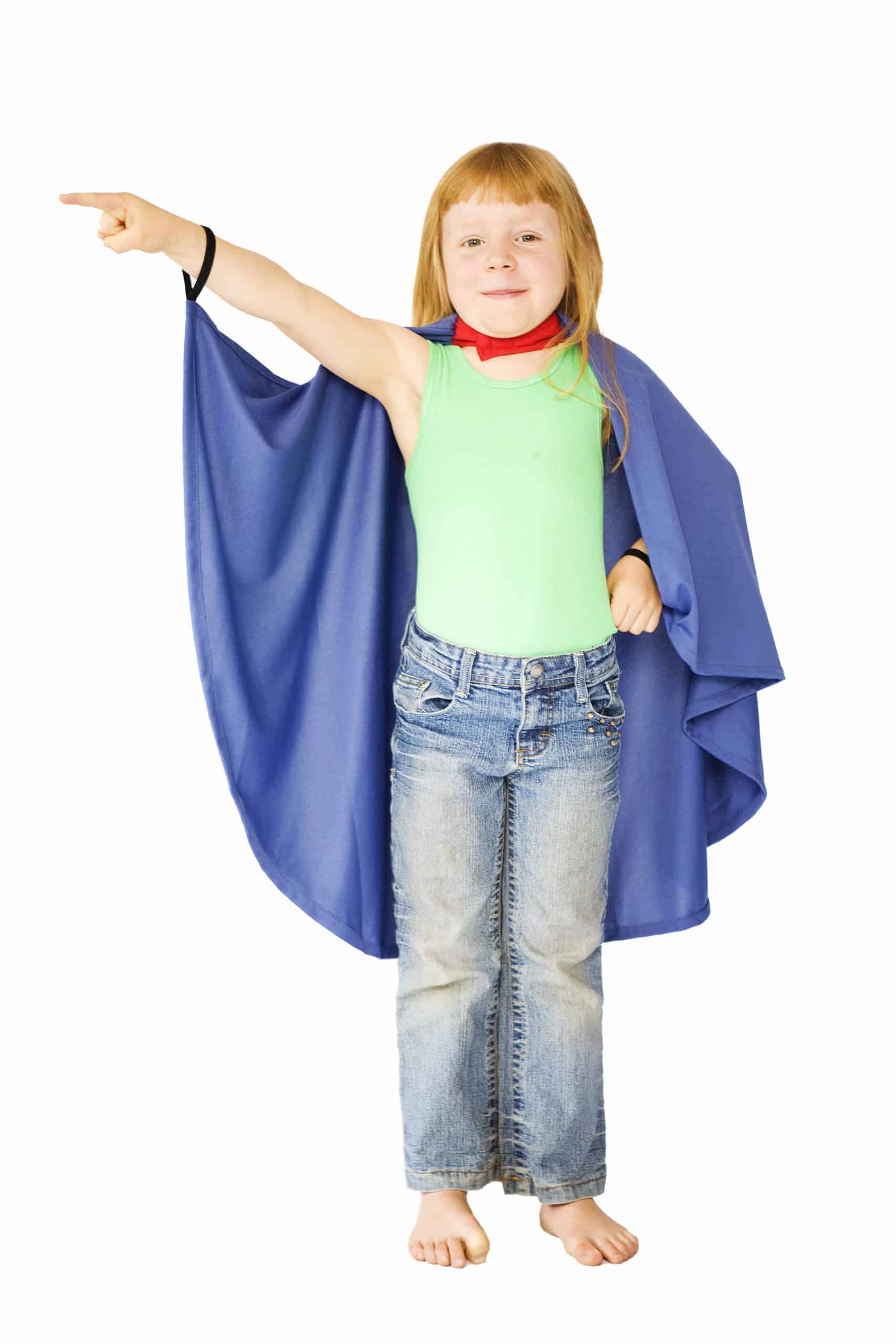 Classic Supercapes are made from light, breathable polyester, such as is used in sports jerseys. Scotchguarded for easy washing and can be dried in the dryer. Superloops at the wrists allow for improved 'flying fun' and breakaway velcro collar for safety. Size 4-6 fits a tall 3 year old up to about 6 years of age...though you never really outgrow a supercape - it just gets shorter as you get longer! Supercapes come in a reusable zipper pouch with a handle for storing your treasures. Blue Classic Supercape Size 4-6