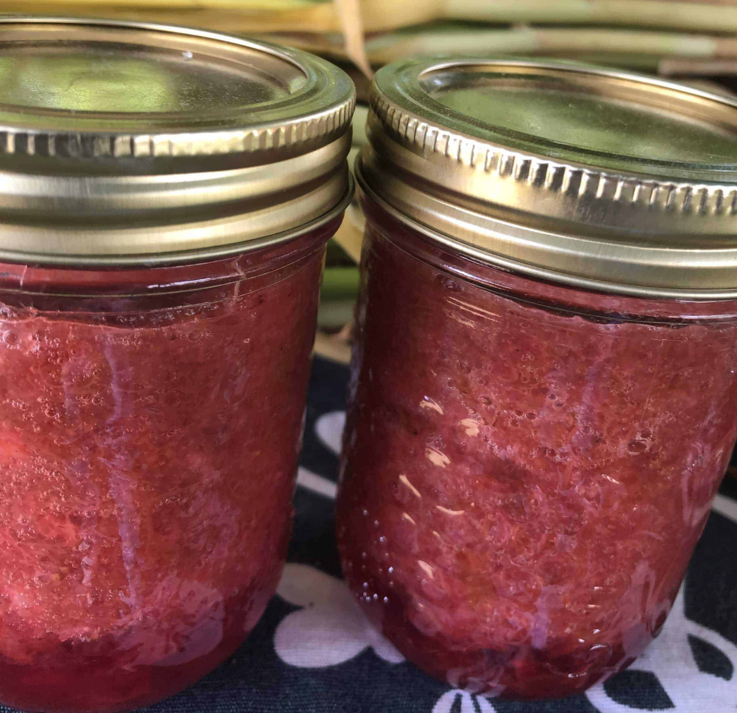 250 mls made from our own strawberry rhubarb, strawberry-cane sugar , pectin Rhubarb Strawberry Jam - 250 ml