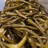 Bean Trio, purple, yellow, green bean, purple may turn green if over cooked roasted Garlic Scapes