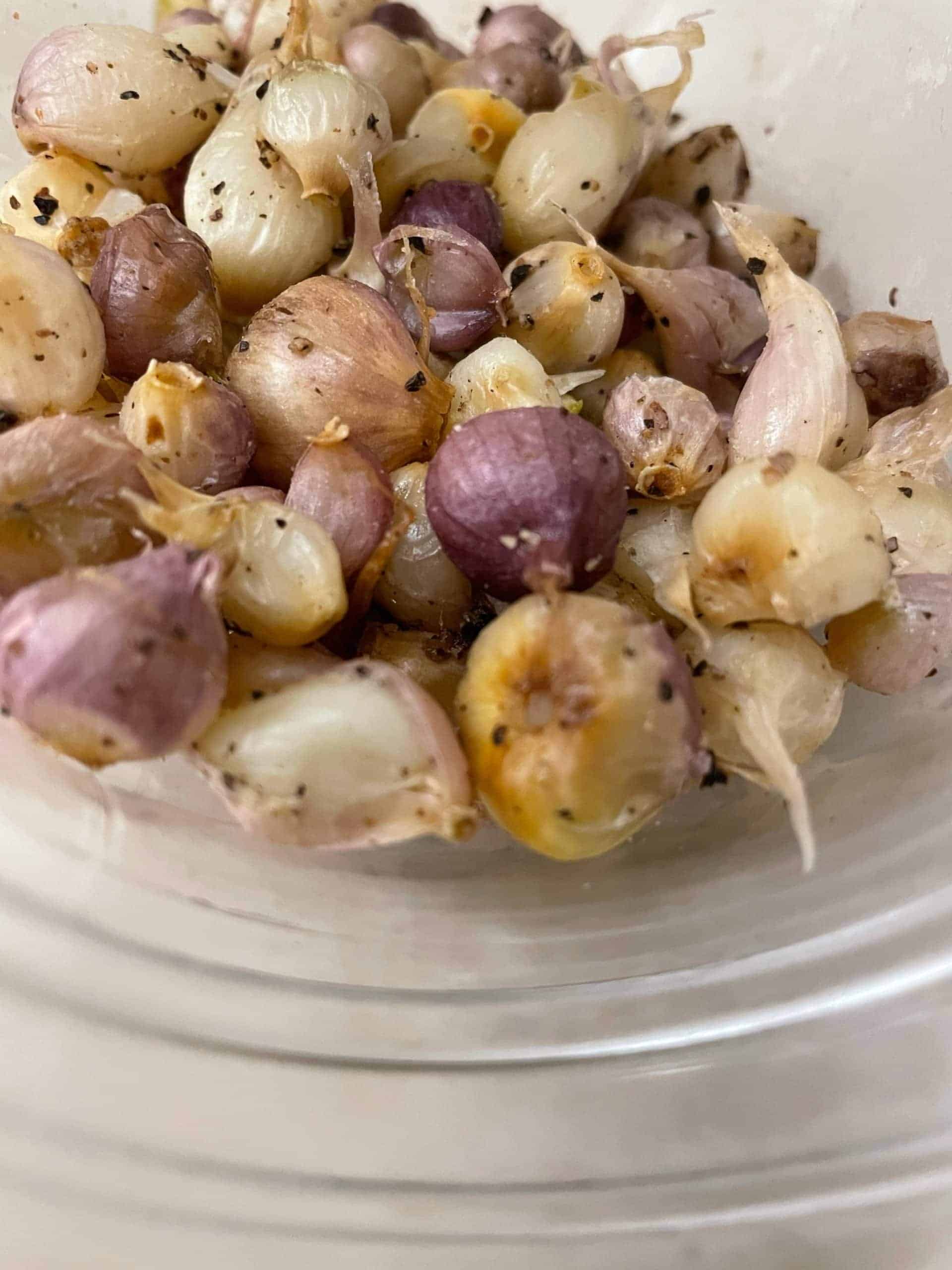 Roasted french baby onions, tiny gourmet french garlic from the scapes roasted 40z Roasted baby garlic