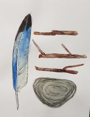 Painted card of feather, sticks, and a rock