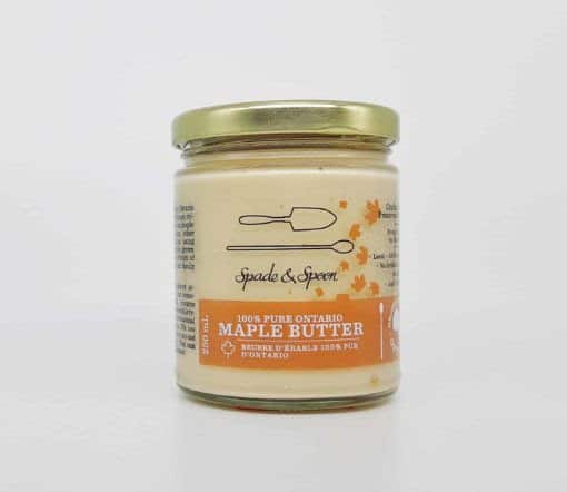 Jar of maple butter with spade and spoon logo