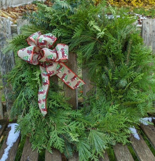 18 inch wreath / farm truck and trees bow / mixed greens