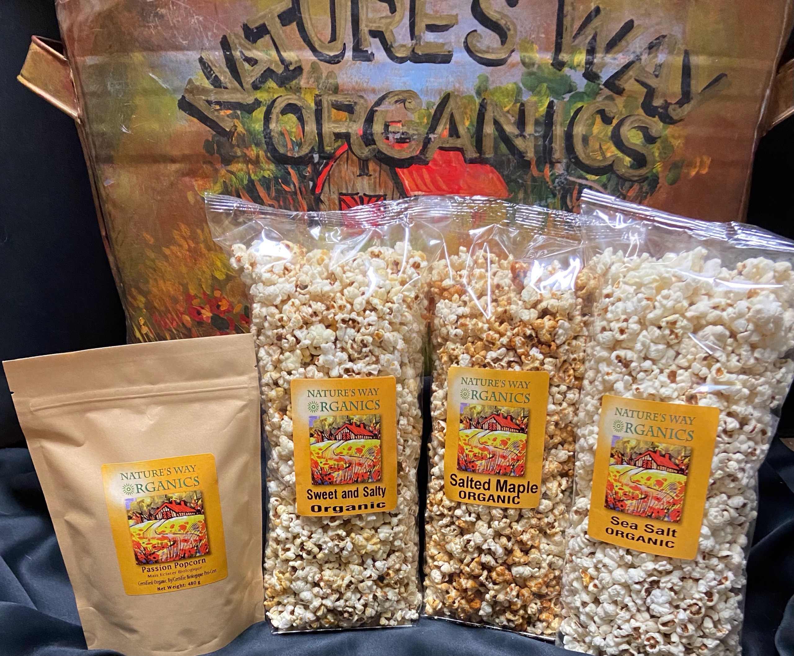 Sea Salt, Sweet & Salty, Salted Maple and a 480gr bag of kernels its popcorn scaled Sea Salt, Sweet & Salty, Salted Maple and a 480gr bag of kernels