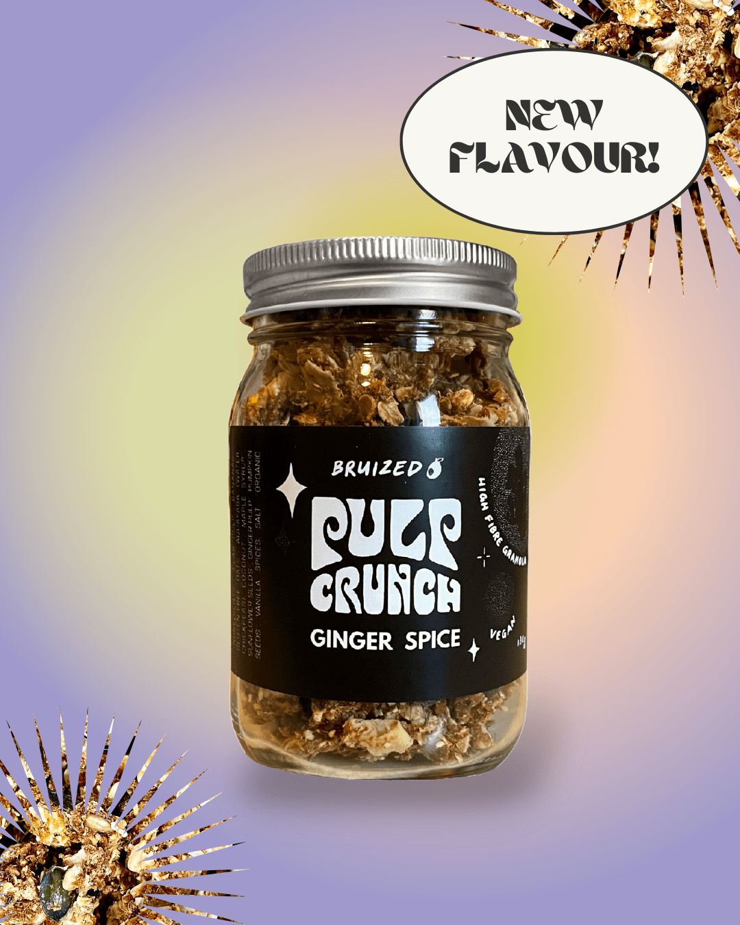 Give your tastebuds a warm spiced hug with all the benefits of our fibre-packed Pulp Crunch! Made with a base of organic pear and ginger juice pulp and sweetened naturally with ripe rescued bananas and organic maple syrup. Whipped upcycled aquafaba and imperfect pumpkin seeds add the perfect crunch! Sooth your soul by pairing it with a hot cup of tea or optimize the digestive powers of ginger by enjoying after a large meal! 130g Ingredients: pear pulp*, bananas*, gluten-free oats*, aquafaba (chickpea water), coconut*, maple syrup *, sunflower seeds*, ginger pulp*, pumpkin seeds*, vanilla, spices, salt. *organic 93% organic ingredients **Produced in a facility that processes sesame, nuts, soy and gluten. Shelf life: 5 months in an airtight, cool, dark space. Ginger Spice Give your tastebuds a warm spiced hug with all the benefits of our fibre-packed Pulp Crunch! Made with a base of organic pear and ginger juice pulp and sweetened naturally with ripe rescued bananas and organic maple syrup. Whipped upcycled aquafaba and imperfect pumpkin seeds add the perfect crunch! Sooth your soul by pairing it with a hot cup of tea or optimize the digestive powers of ginger by enjoying after a large meal! 130g Ingredients: pear pulp*, bananas*, gluten-free oats*, aquafaba (chickpea water), coconut*, maple syrup *, sunflower seeds*, ginger pulp*, pumpkin seeds*, vanilla, spices, salt. *organic 93% organic ingredients **Produced in a facility that processes sesame, nuts, soy and gluten. Shelf life: 5 months in an airtight, cool, dark space.
