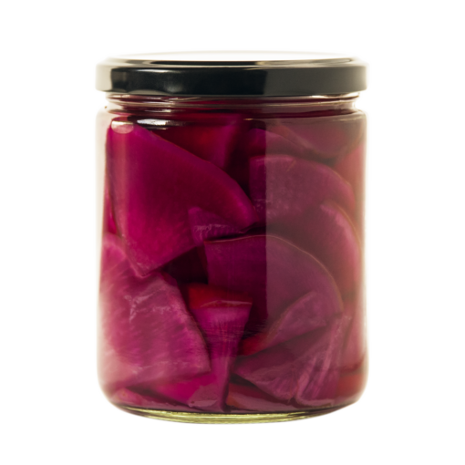 Apcbeets1429 closecut 500ml sliced purple top turnips with beets to make them pink! Ingredients: *turnips, *beets, filtered water, *garlic, sea salt. *certified organic.