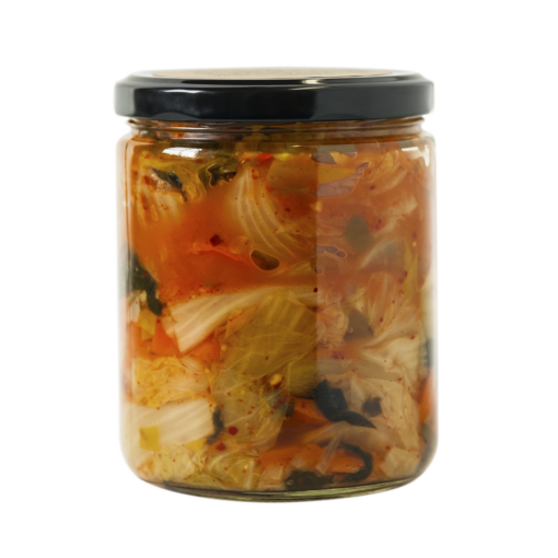 Apckimchi1390 closecut 500ml vegan, sour, spicy, soy free. Veggies in this local kimchi rotate based on what is seasonal in ontario. Late-winter kimchi contains *green cabbage and/or *napa cabbage, *carrots, *daikon or *radish, *green onion or *leeks, filtered water, sweet rice flour, sea salt, *onion, *garlic, *ginger, chili powder, *chili flakes. *organic