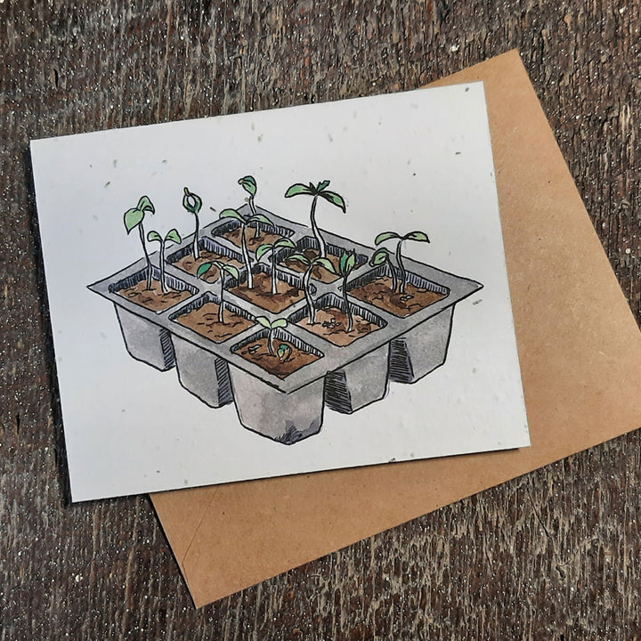 Unique greeting card of Jennifer's farm inspired artwork on plantable wildflower seed paper. An ideal way to send your feeling and give the gift of plants as well.Each card is 4"x5" and comes with it's own recycled, unbleached kraft paper envelope. Plantable paper is a biodegradable eco-paper made with post-consumer and post-industrial paper waste that is embedded with seeds. (No trees harmed for this paper!) When the paper is planted in a pot of soil, the seeds grow and the paper composts away. Spring Seeds - seed paper greeting card